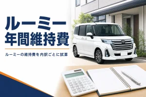 自宅の駐車場に止めたコンパクトトールワゴンと家計簿