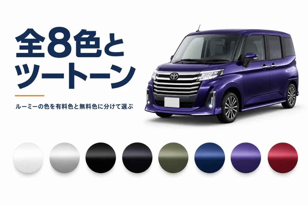 ルーミーのボディカラー8色の色見本を並べたアイキャッチ