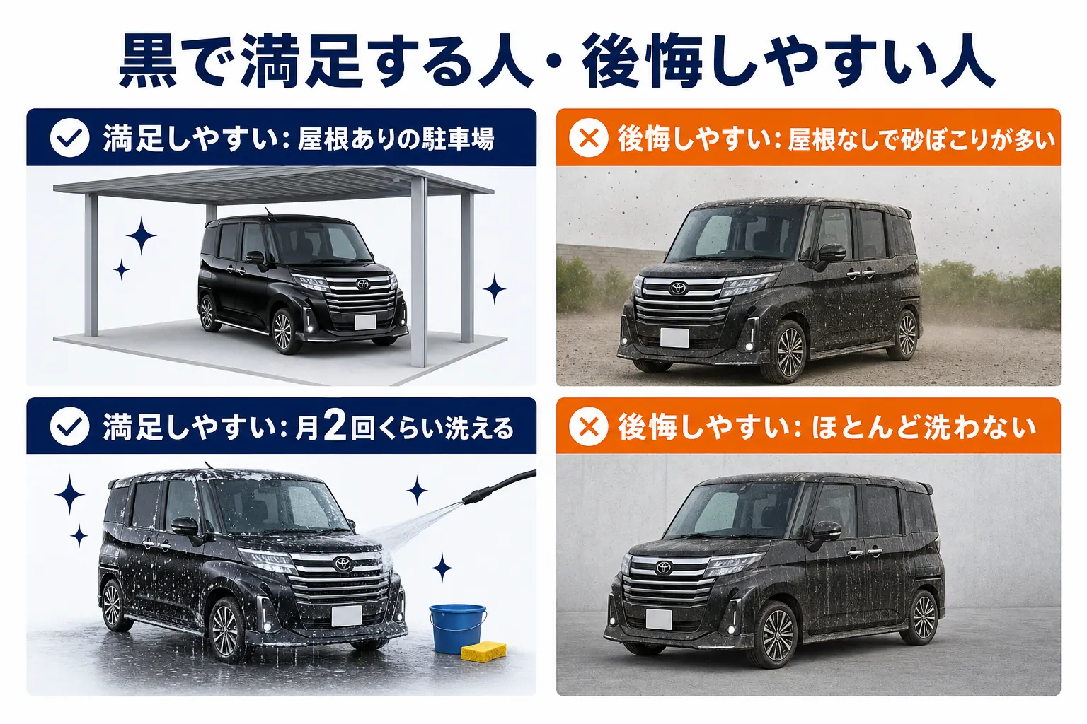 ルーミーの黒を選んで後悔しない人と後悔しやすい人の違いの図解
