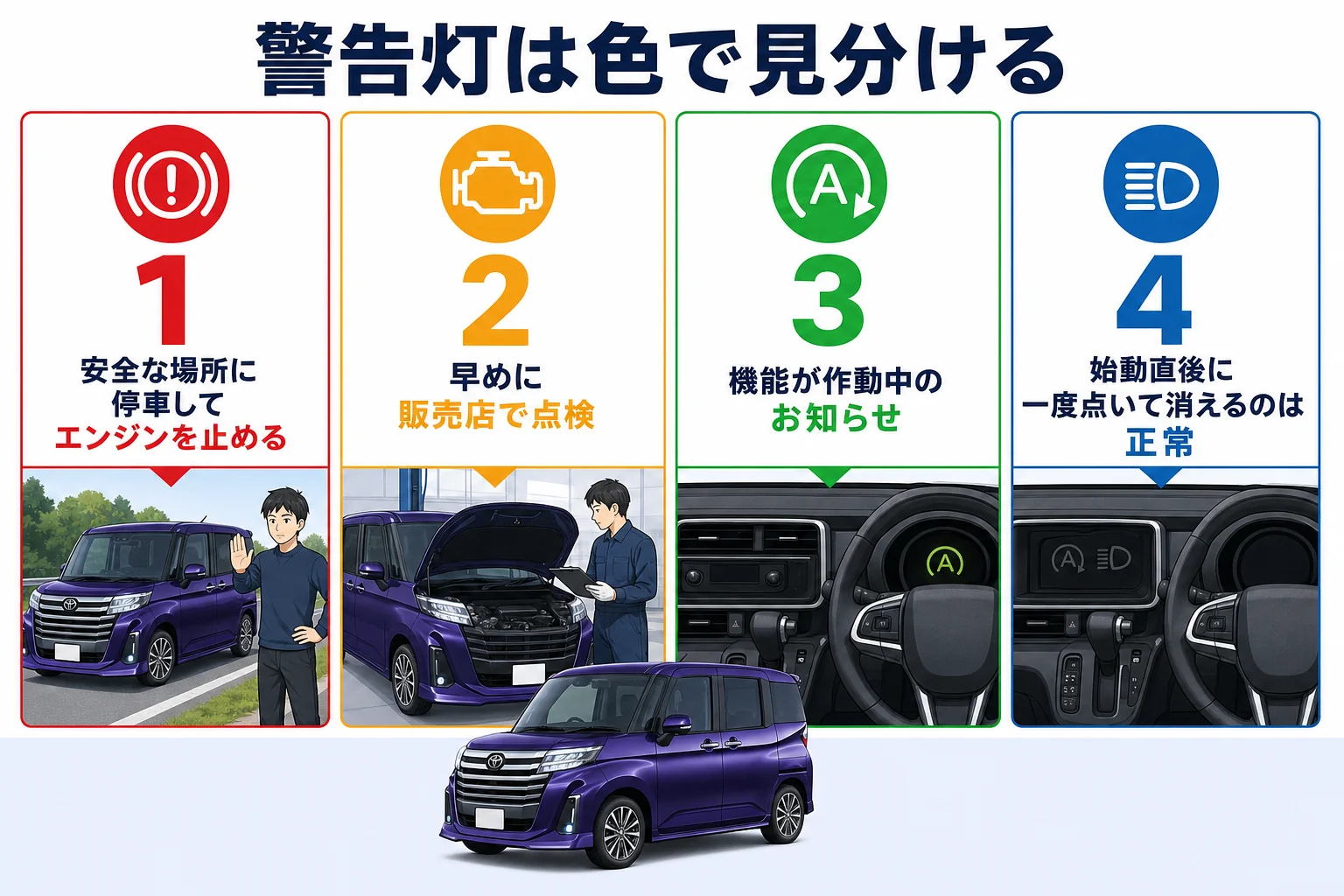 ルーミーの警告灯を色別に分けた図解