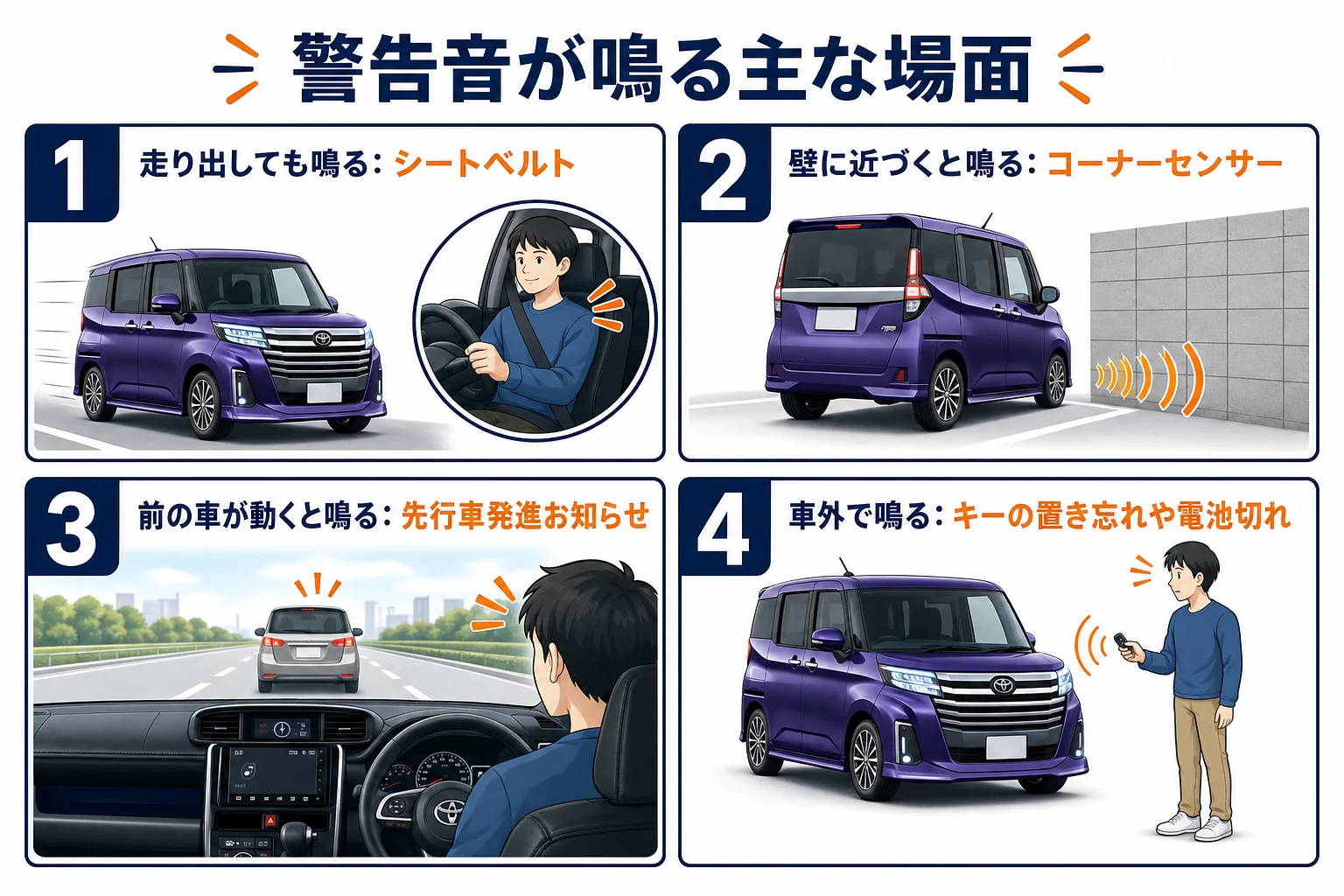 ルーミーで警告音が鳴る主な場面の一覧