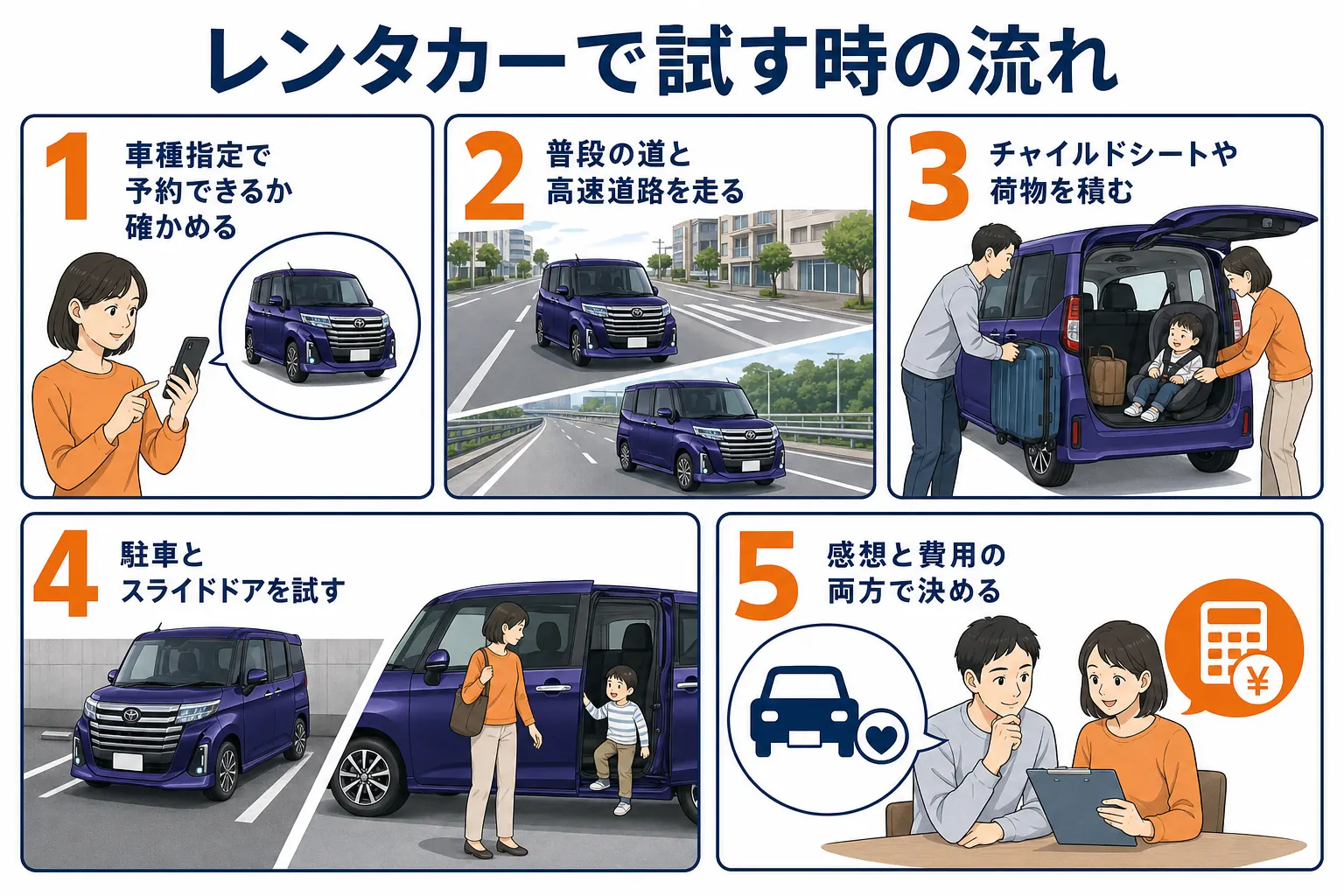 ルーミーをレンタカーで試す時の流れの図解