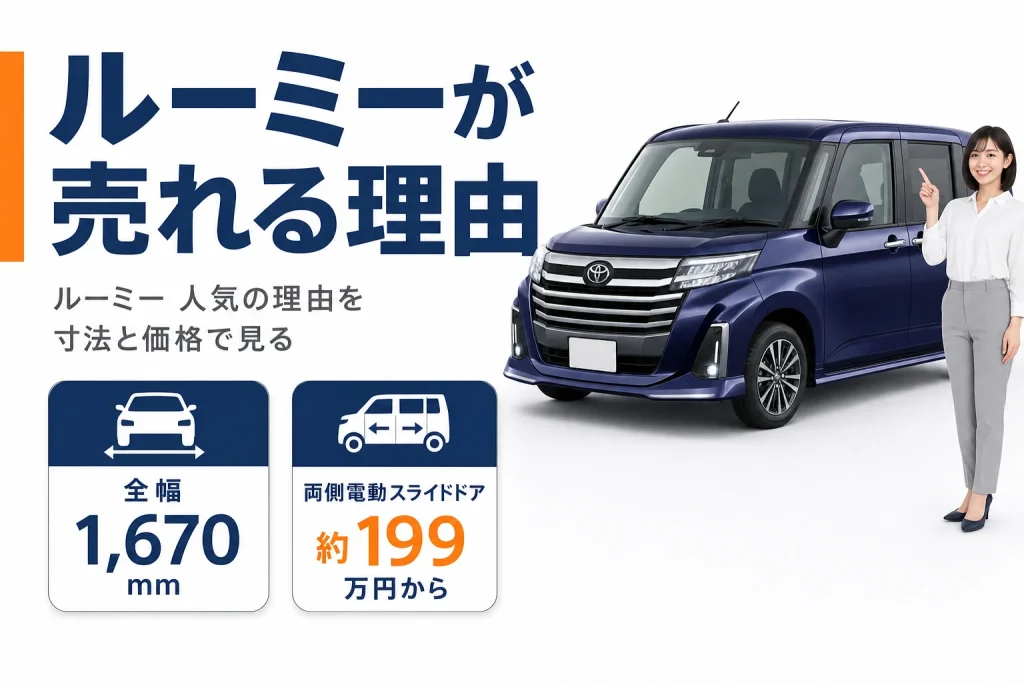 ルーミーが人気の理由を寸法と価格で示したアイキャッチ