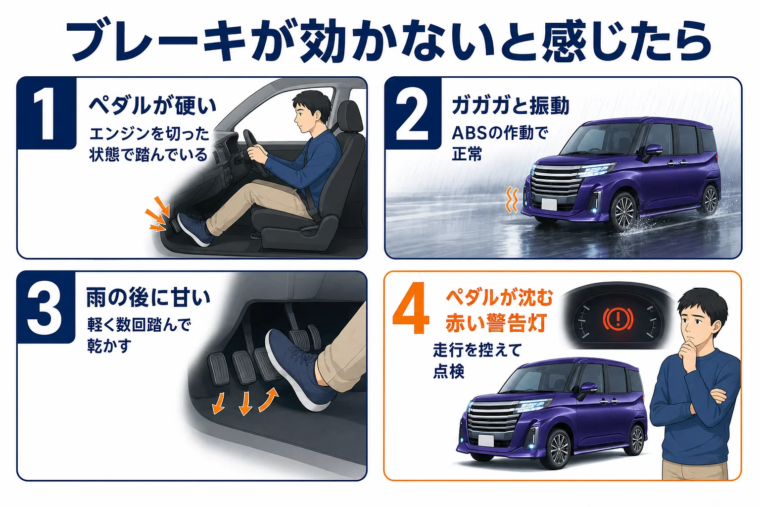 ブレーキが効かないと感じた時の原因と対処を示した図解