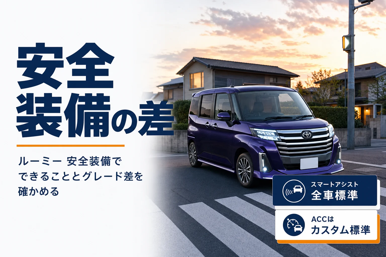 ルーミーの安全装備とグレードごとの差を示したアイキャッチ