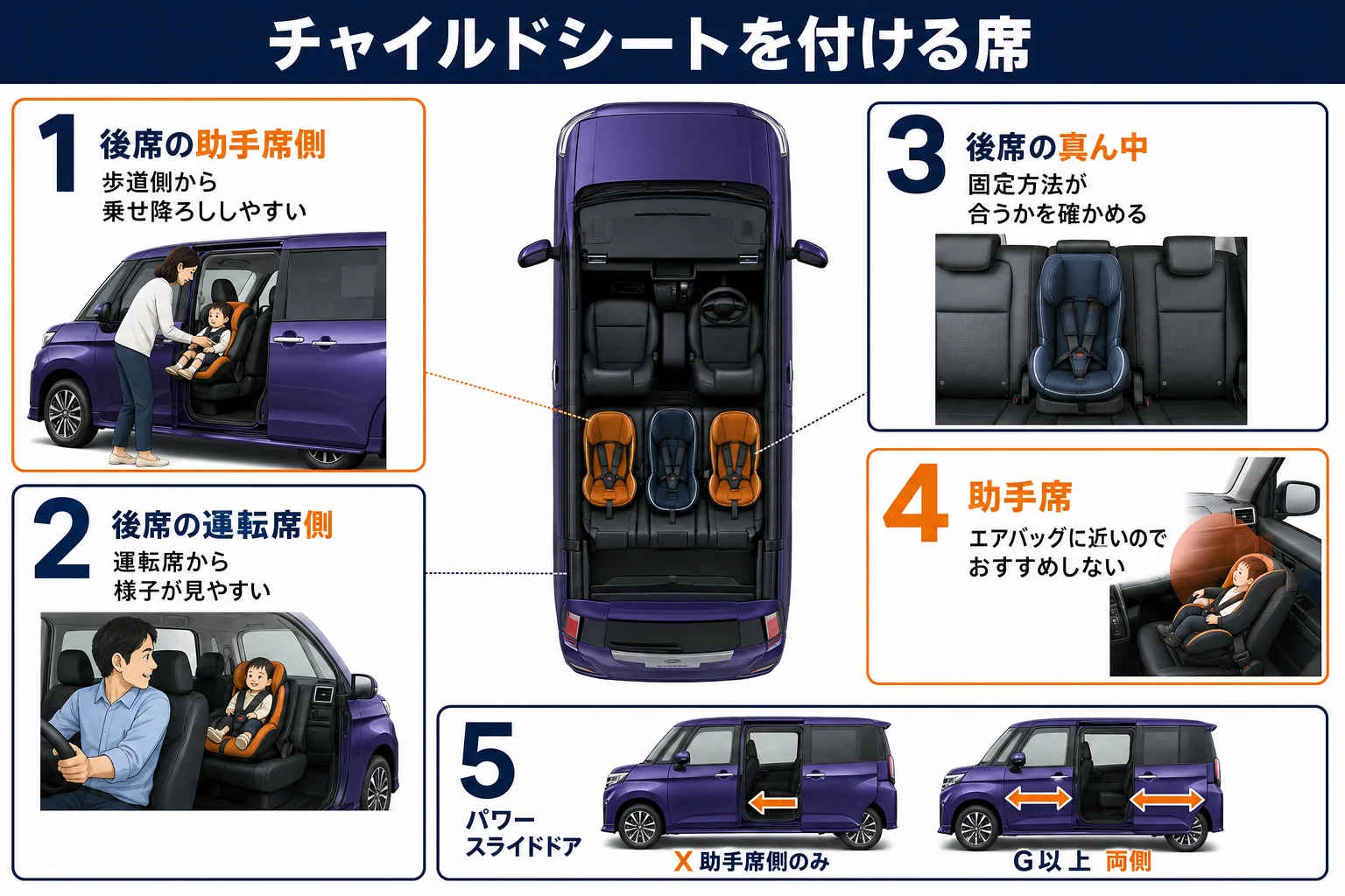 ルーミーでチャイルドシートを付ける席ごとの注意点の図解