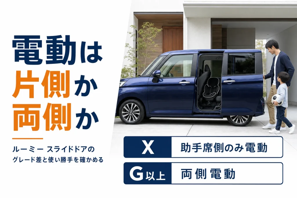 ルーミーのスライドドアのグレードごとの電動の違いを示したアイキャッチ