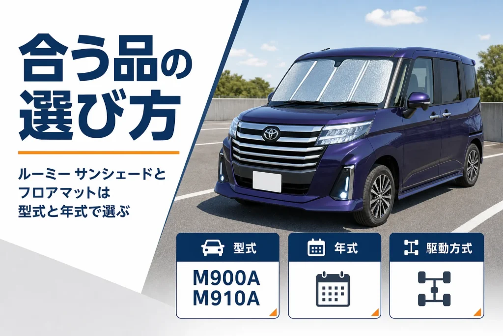 ルーミーのサンシェードとフロアマットを選ぶ時に確かめる項目を示したアイキャッチ
